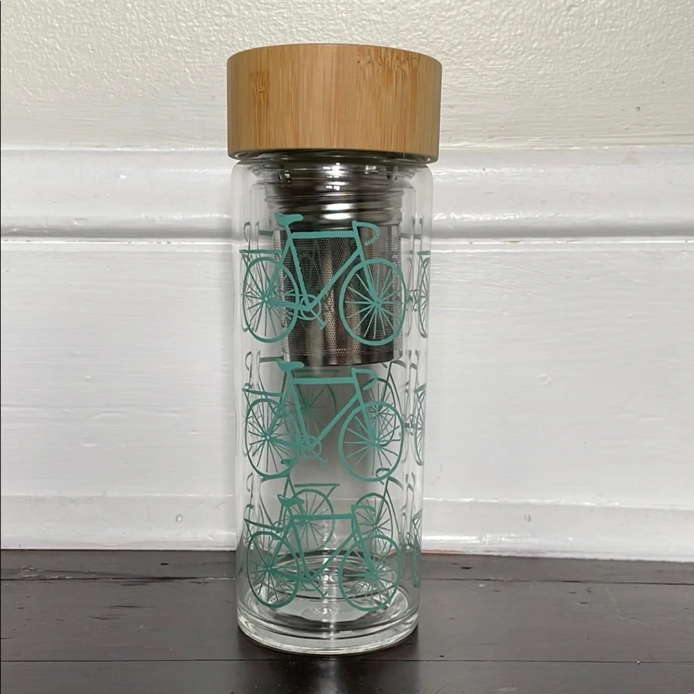 Kitchen Kaboodle Glass Tea Infuser Bamboo Lid Bottle With Printed Teal Bicycles